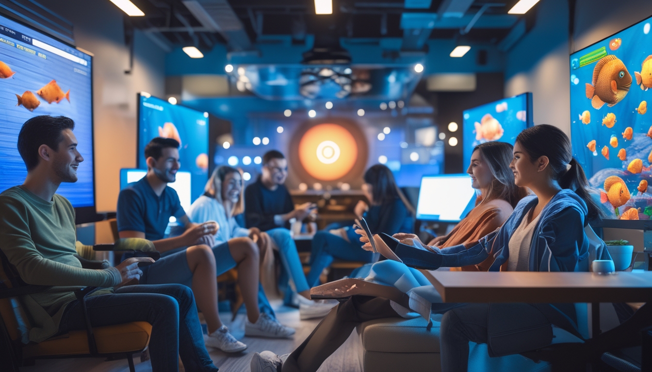 Beberapa orang muda sedang bermain game tembak ikan di komputer dan ponsel dalam ruangan yang nyaman dan modern.