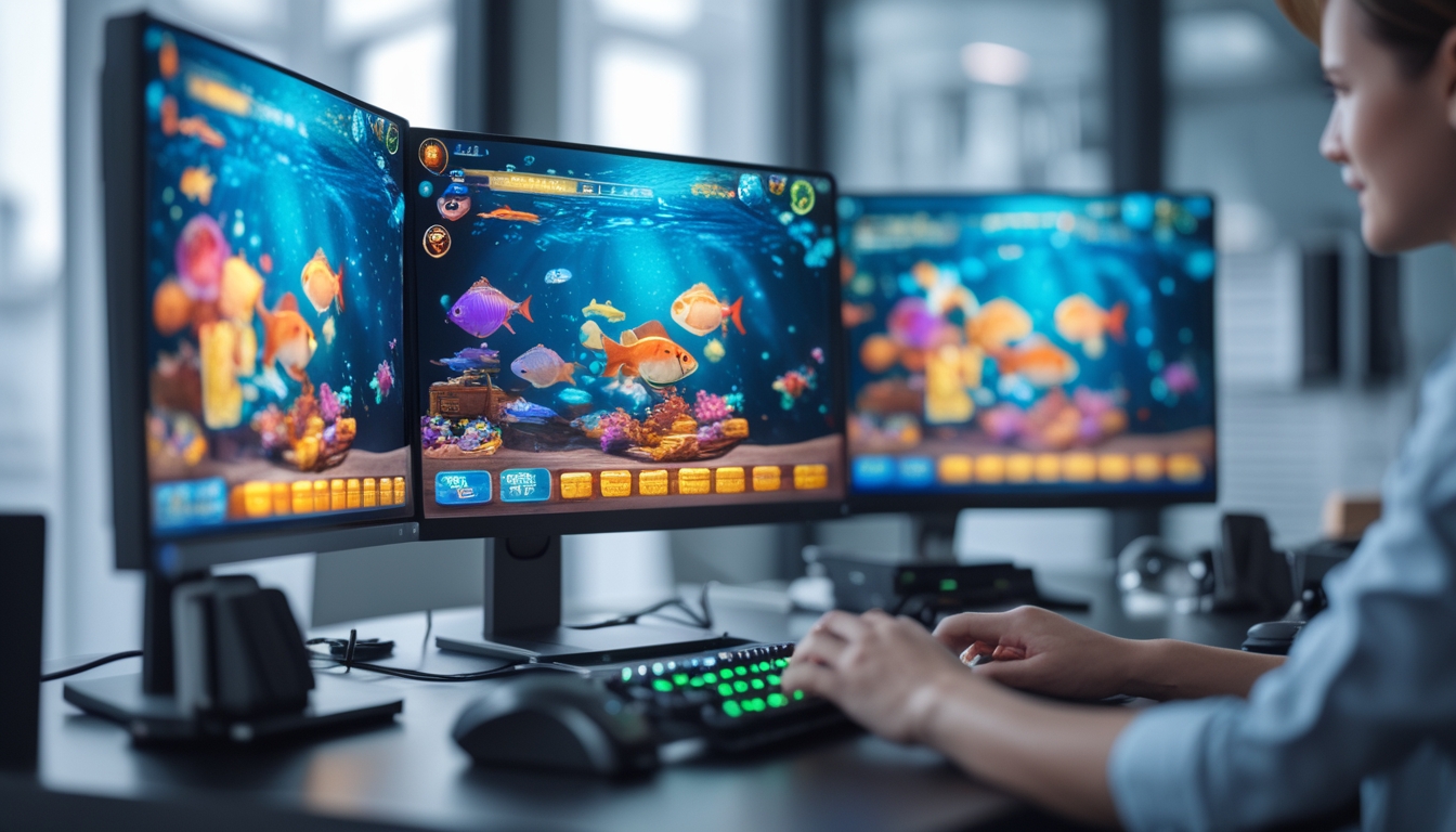 Seseorang bermain permainan judi tembak ikan online dengan layar komputer yang menampilkan grafis ikan berwarna-warni di lingkungan kerja modern.