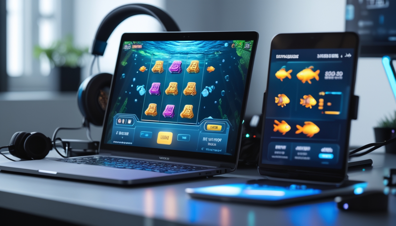 Meja dengan laptop dan smartphone yang menampilkan permainan slot dan tembak ikan, di ruang kerja yang rapi dan terang.