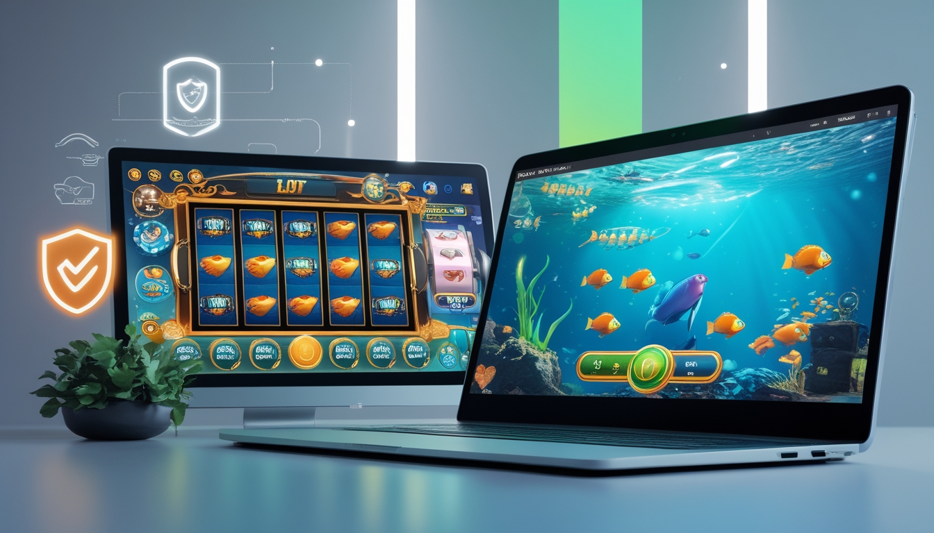 Sebuah komputer modern menampilkan permainan slot dan tembak ikan dengan grafik warna-warni di layar.