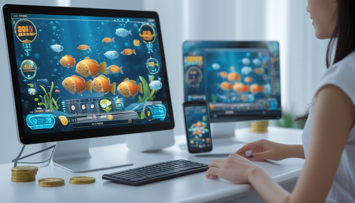Sebuah perangkat digital menampilkan permainan tembak ikan dengan ikan berwarna-warni dan simbol jackpot di latar belakang ruangan modern.