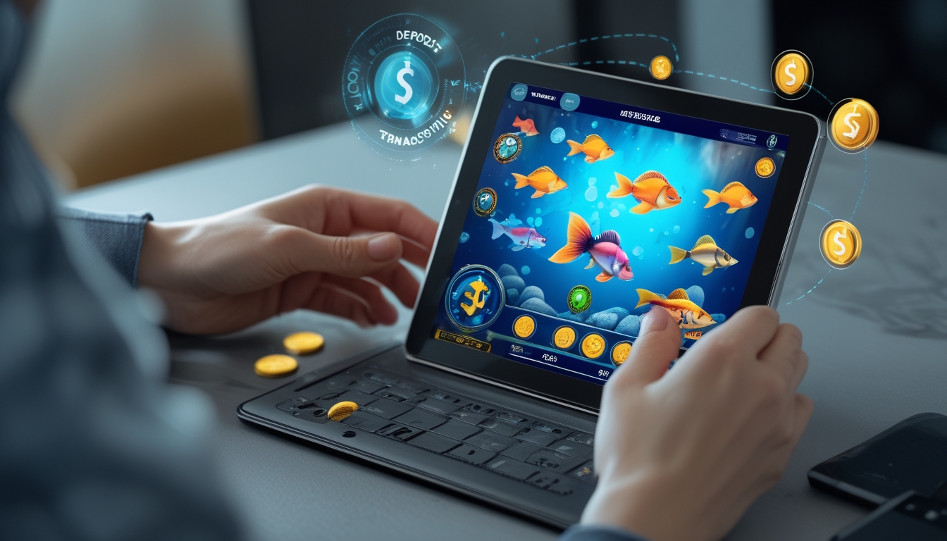 Seseorang menggunakan tablet menampilkan permainan tembak ikan dengan grafik ikan berwarna-warni dan ikon jackpot, di latar belakang suasana ruangan modern.