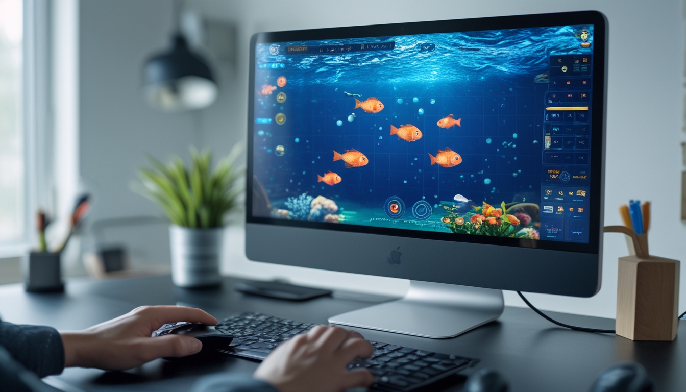 Seseorang bermain permainan tembak ikan online di komputer dalam ruangan kantor rumah yang rapi dan terang.