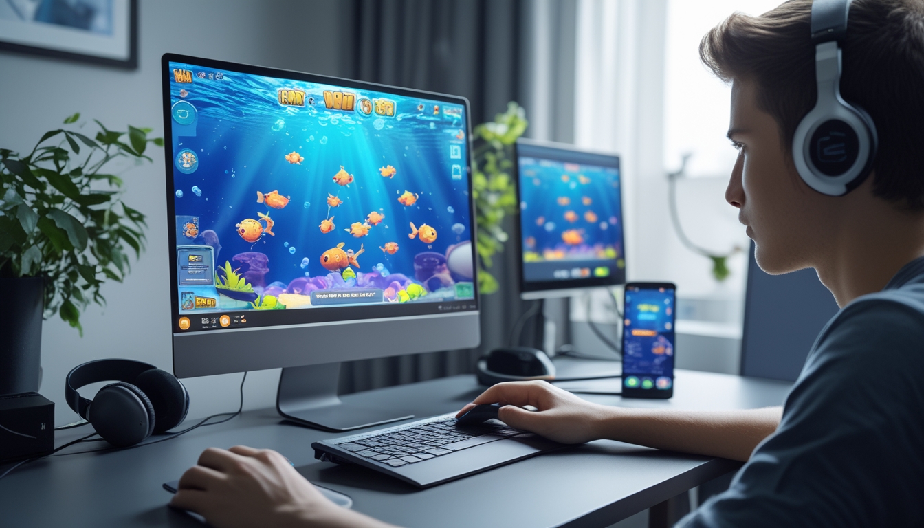 Seorang dewasa muda sedang bermain game tembak ikan online di komputer dengan latar belakang aksesoris gaming dan layar smartphone.
