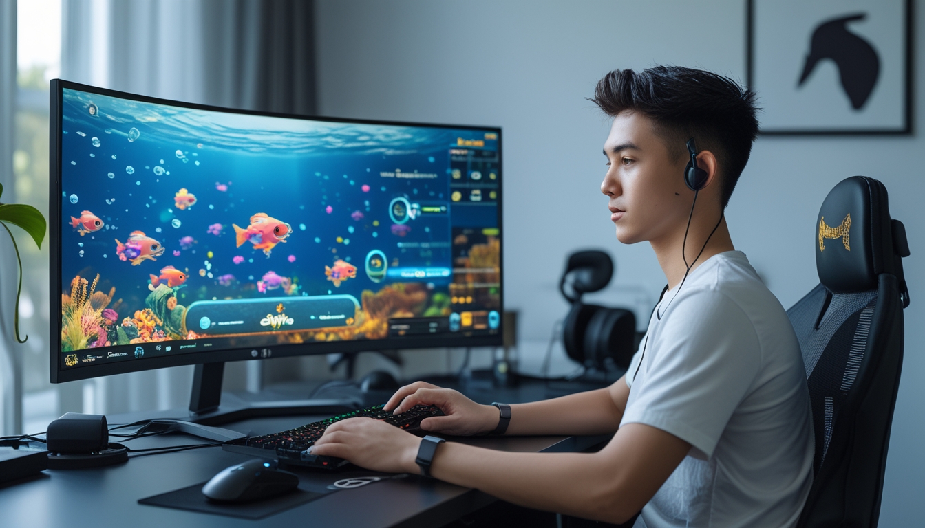 Seorang pemula bermain game tembak ikan online di meja dengan monitor besar menampilkan grafis ikan berwarna-warni, di ruang kerja rumah yang terang dan rapi.