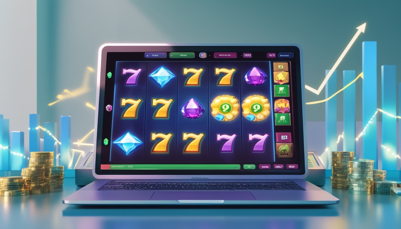Layar komputer menampilkan permainan slot online dengan gulungan warna-warni dan koin yang bersinar di sekitarnya.