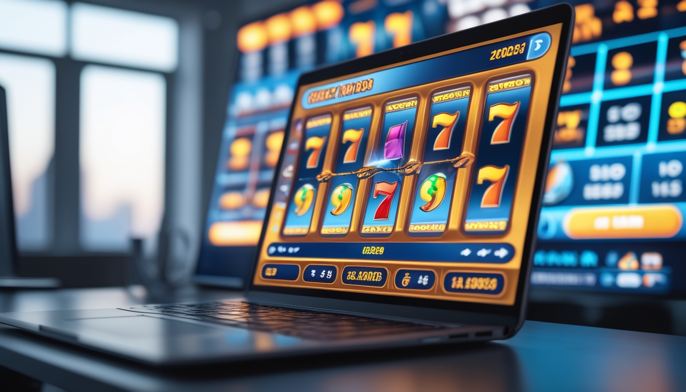 Layar komputer menampilkan permainan mesin slot online dengan simbol warna-warni di ruang kerja yang rapi dan terang.