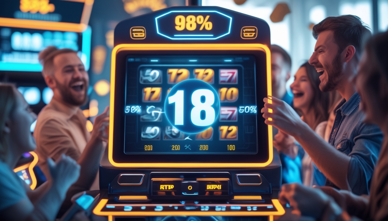 Orang-orang bermain mesin slot digital dengan layar menampilkan persentase RTP tinggi dan ekspresi kegembiraan di kasino modern.