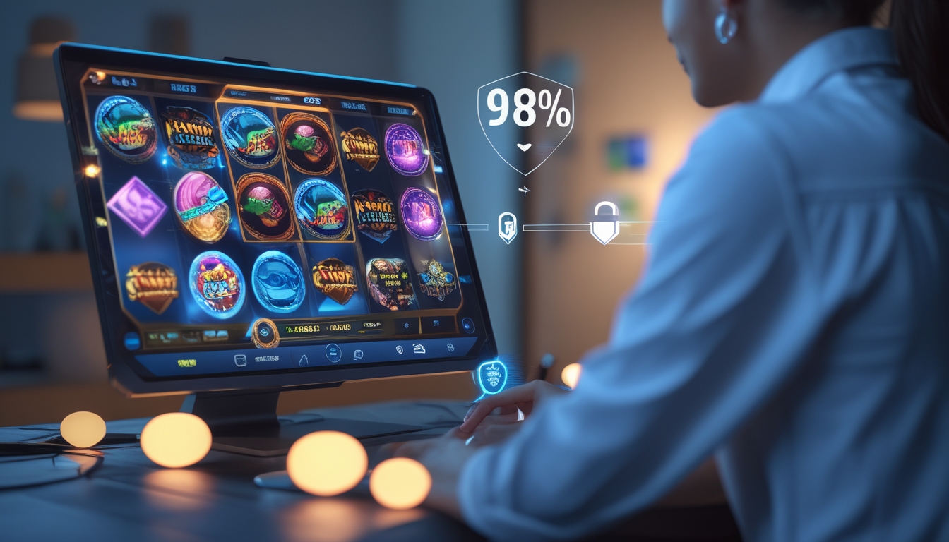 Seseorang menggunakan perangkat digital dengan tampilan permainan slot warna-warni, menampilkan suasana permainan daring yang aman dan terpercaya.