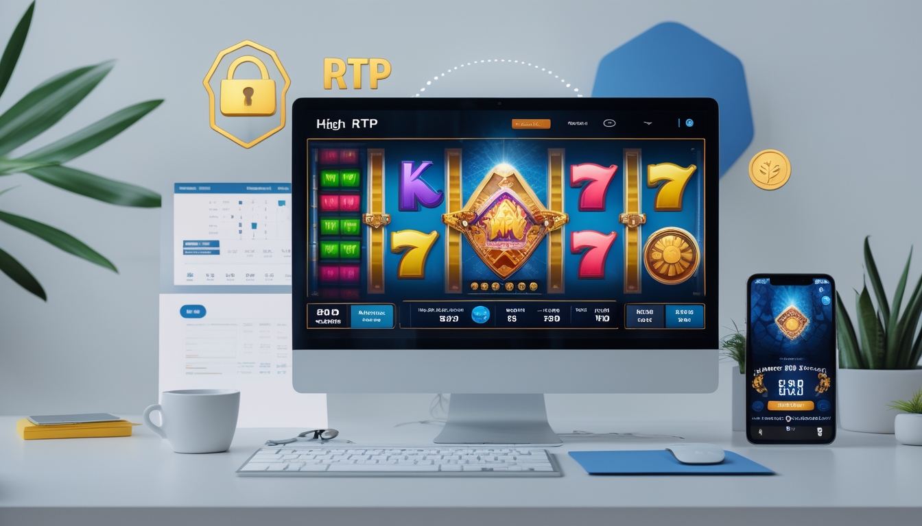 Seorang pengguna sedang bermain slot online di komputer dengan tampilan layar penuh simbol mesin slot yang berwarna-warni dan suasana meja kerja yang rapi.