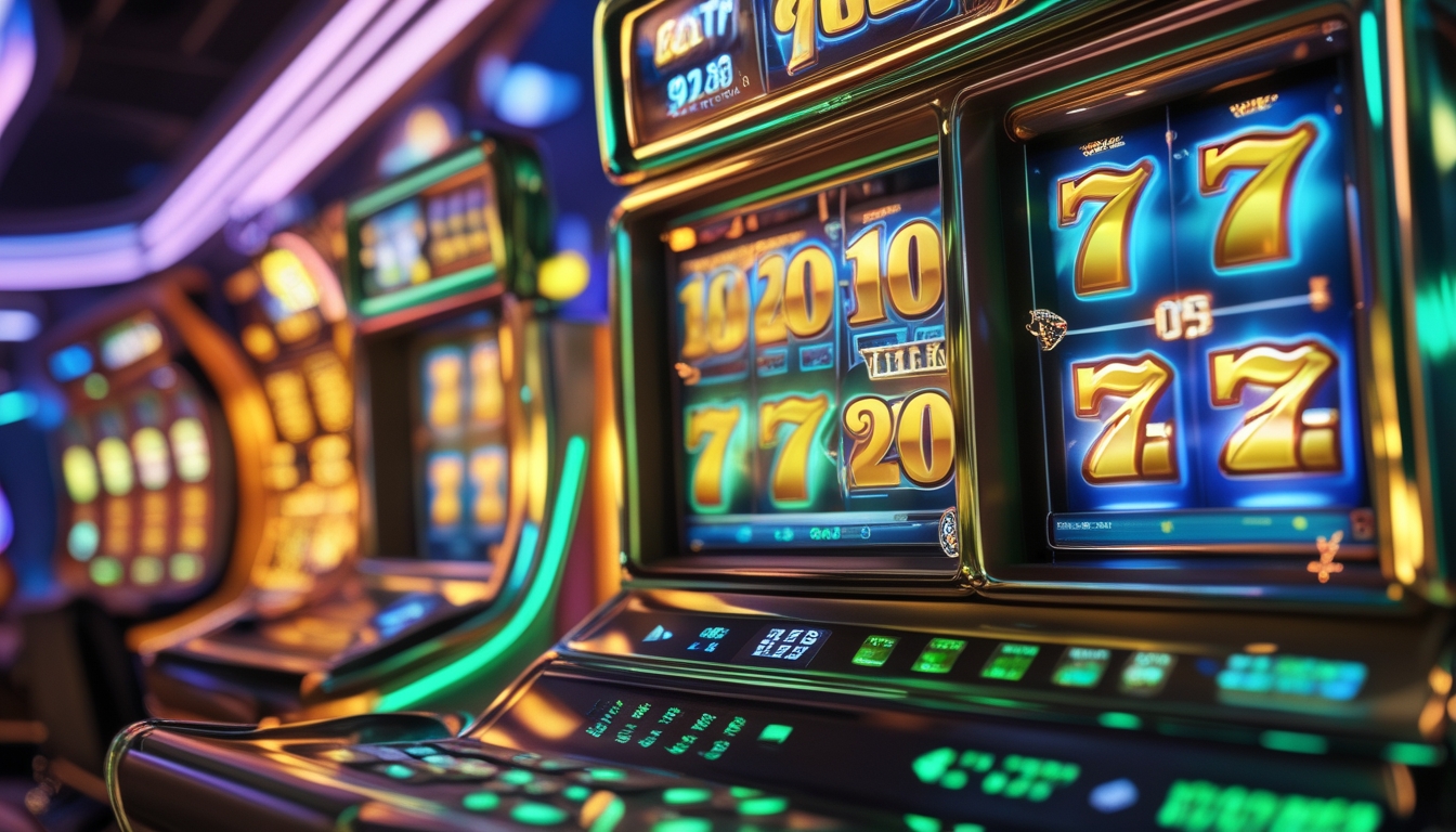Layar mesin slot digital dengan simbol jackpot yang menyala dan latar belakang teknologi futuristik.