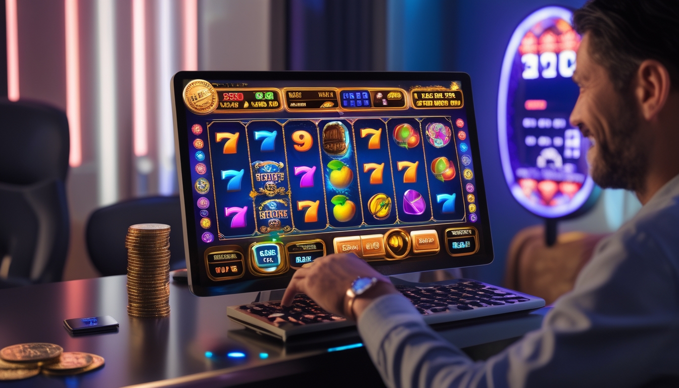Seorang pemain dewasa fokus bermain mesin slot online di komputer dengan latar ruangan game modern dan lampu neon.