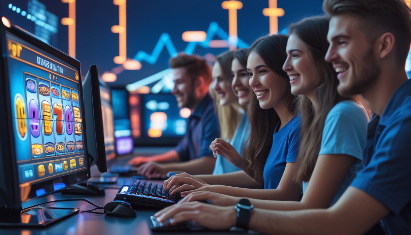 Beberapa orang muda sedang bermain permainan slot online di komputer dengan ekspresi fokus dan senang dalam ruangan modern.