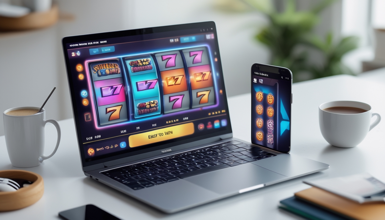 Seorang pengguna duduk di depan laptop dan smartphone yang menampilkan permainan slot online dengan suasana ruang kerja yang nyaman.