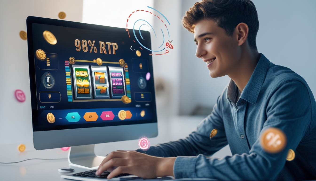Seorang dewasa muda menggunakan laptop dengan tampilan permainan slot online berwarna-warni dan grafik persentase RTP di latar belakang.