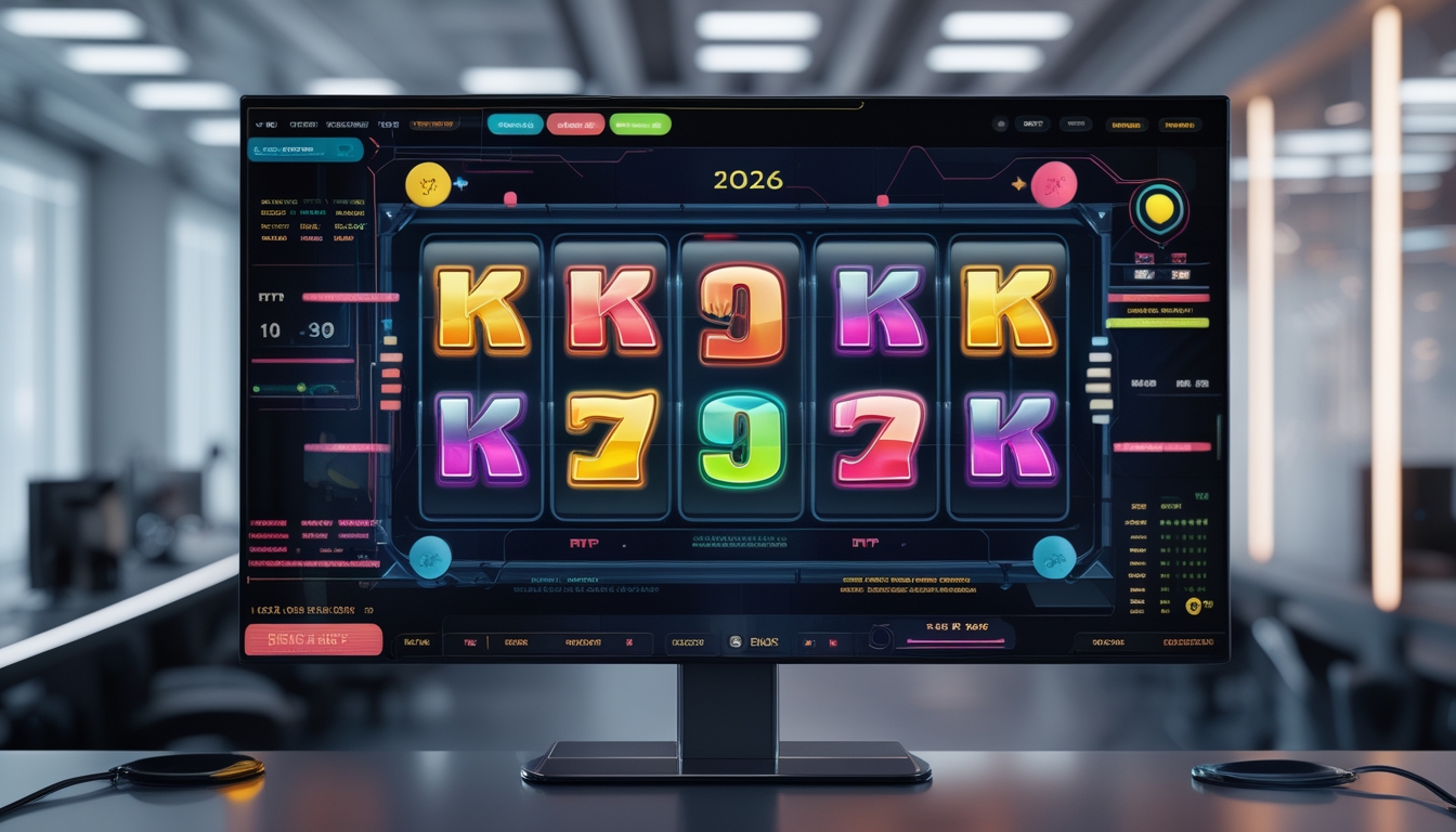 Tampilan antarmuka permainan slot online modern dengan gulungan berwarna-warni yang berputar di layar sentuh besar di ruangan gaming yang terang dan futuristik.