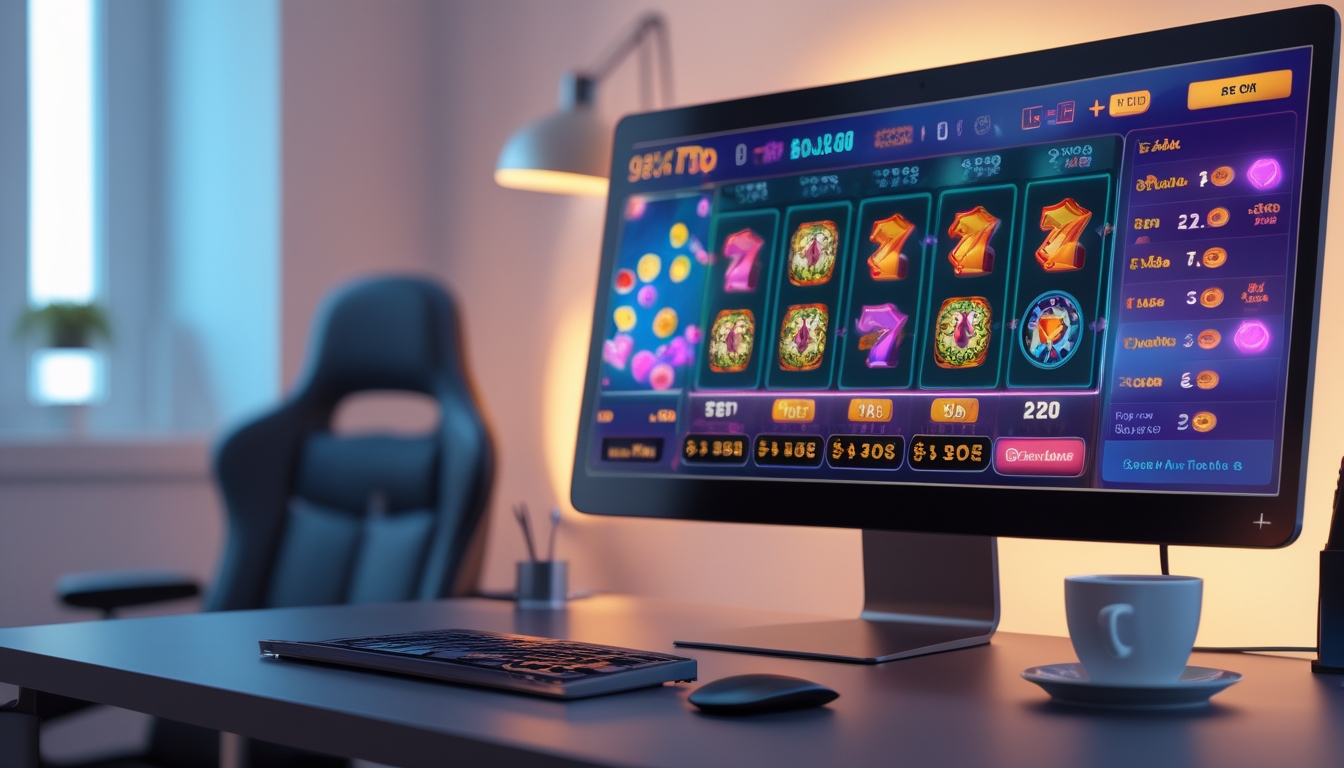 Seorang pemain duduk di depan komputer dengan tampilan permainan slot online yang berwarna-warni di layar, di ruangan yang terang dan rapi.