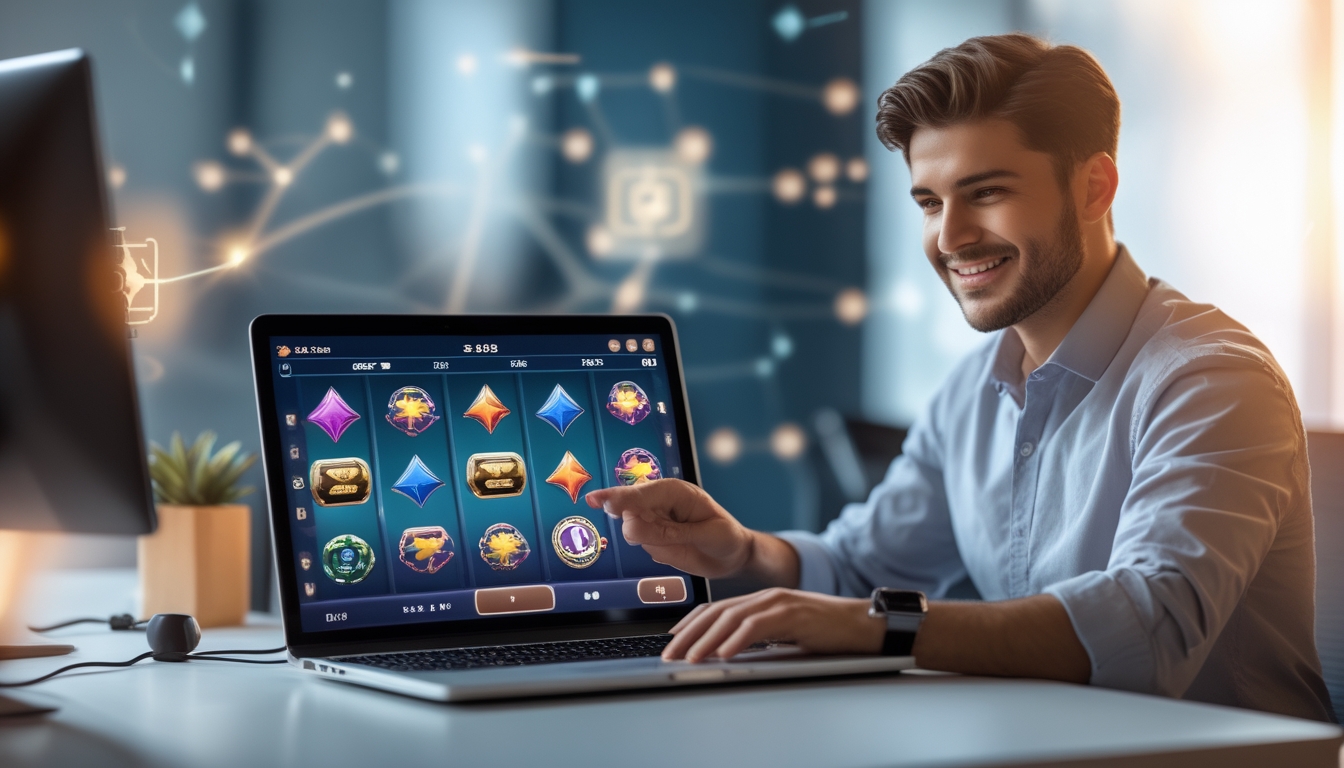 Seorang dewasa muda menggunakan laptop yang menampilkan permainan slot online di meja kerja yang rapi.