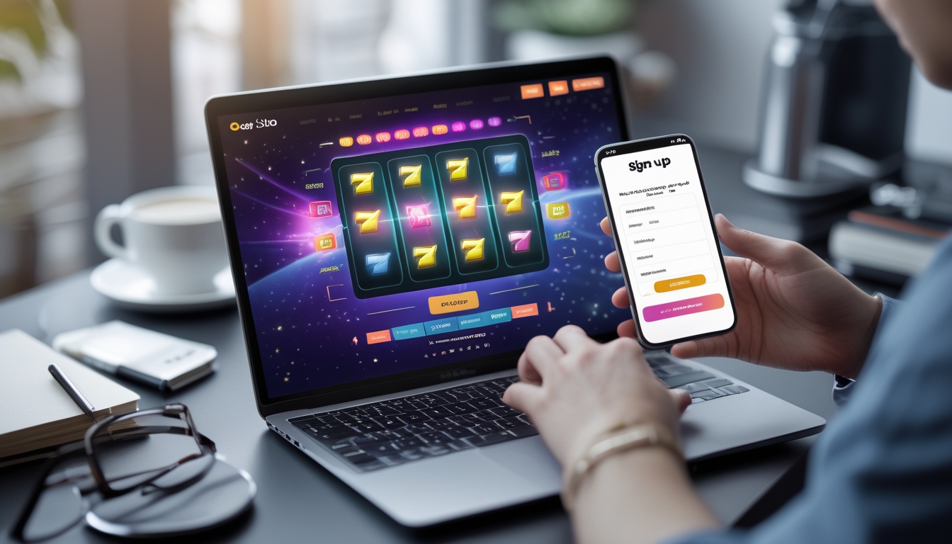Seorang pengguna sedang mendaftar akun slot online di laptop dan smartphone di meja kerja yang rapi.