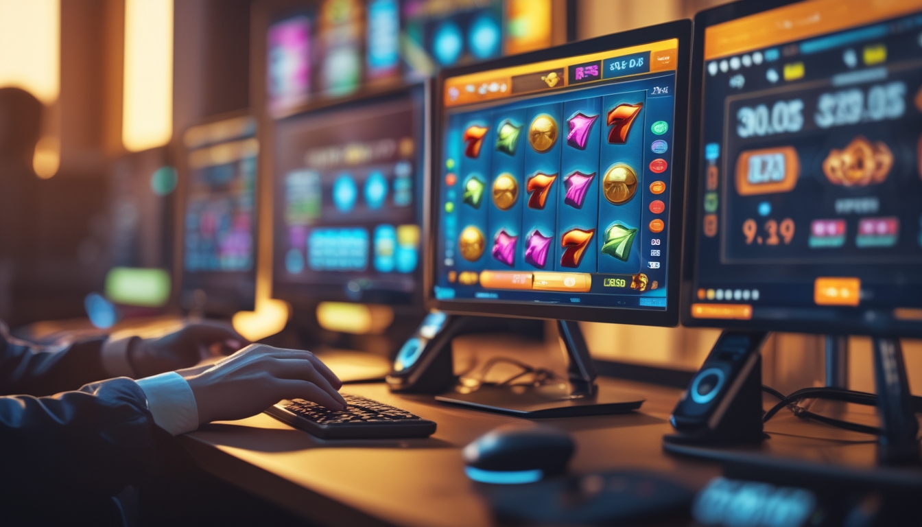 Seorang pengguna sedang bermain mesin slot online dengan komputer dan beberapa monitor di meja kerja yang rapi dan modern.