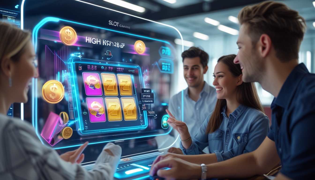 Beberapa orang muda sedang menggunakan layar digital dengan ikon permainan slot dan grafik pembayaran tinggi dalam ruangan modern.