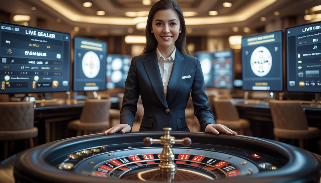 Seorang dealer wanita berdiri di belakang meja roulette dengan roda yang sedang berputar, dikelilingi oleh layar digital yang menampilkan antarmuka taruhan langsung.