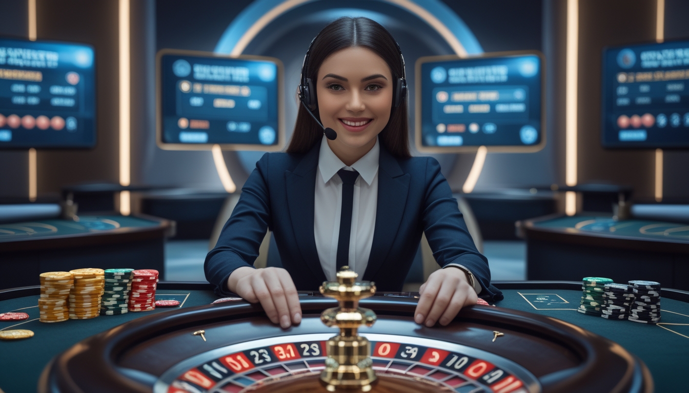 Seorang dealer wanita profesional duduk di belakang meja roulette dengan roda roulette berputar di depan dan layar komputer di latar belakang.