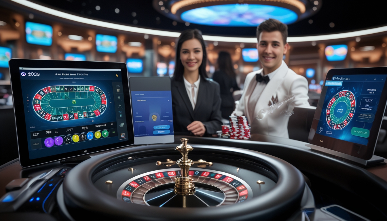 Seorang dealer langsung sedang memutar roda roulette di lingkungan kasino modern dengan layar digital dan pemain yang menggunakan perangkat mereka.
