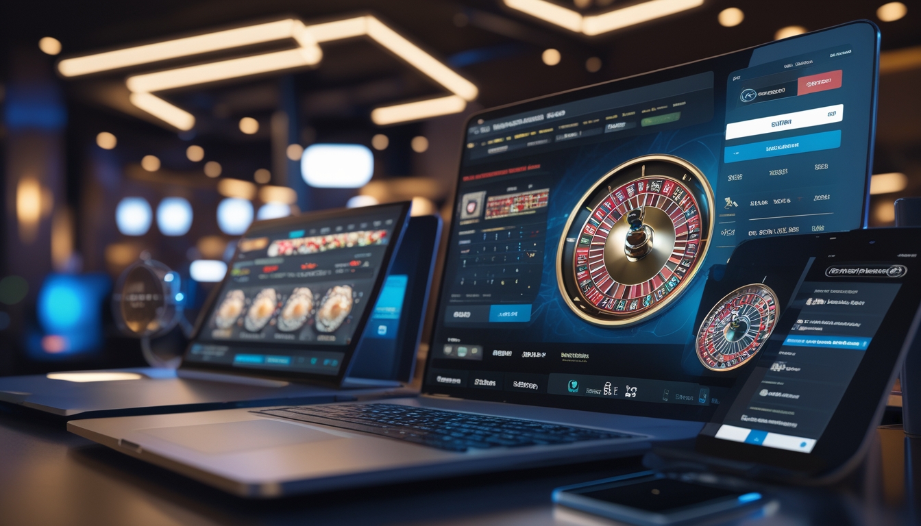 Seorang dealer langsung sedang memutar roda roulette di depan layar digital dengan beberapa perangkat menampilkan permainan roulette online.