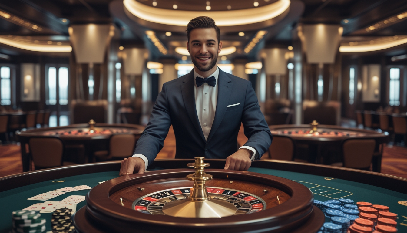 Seorang dealer live roulette yang ramah sedang memutar roda roulette di kasino mewah dengan meja dan chip tertata rapi.