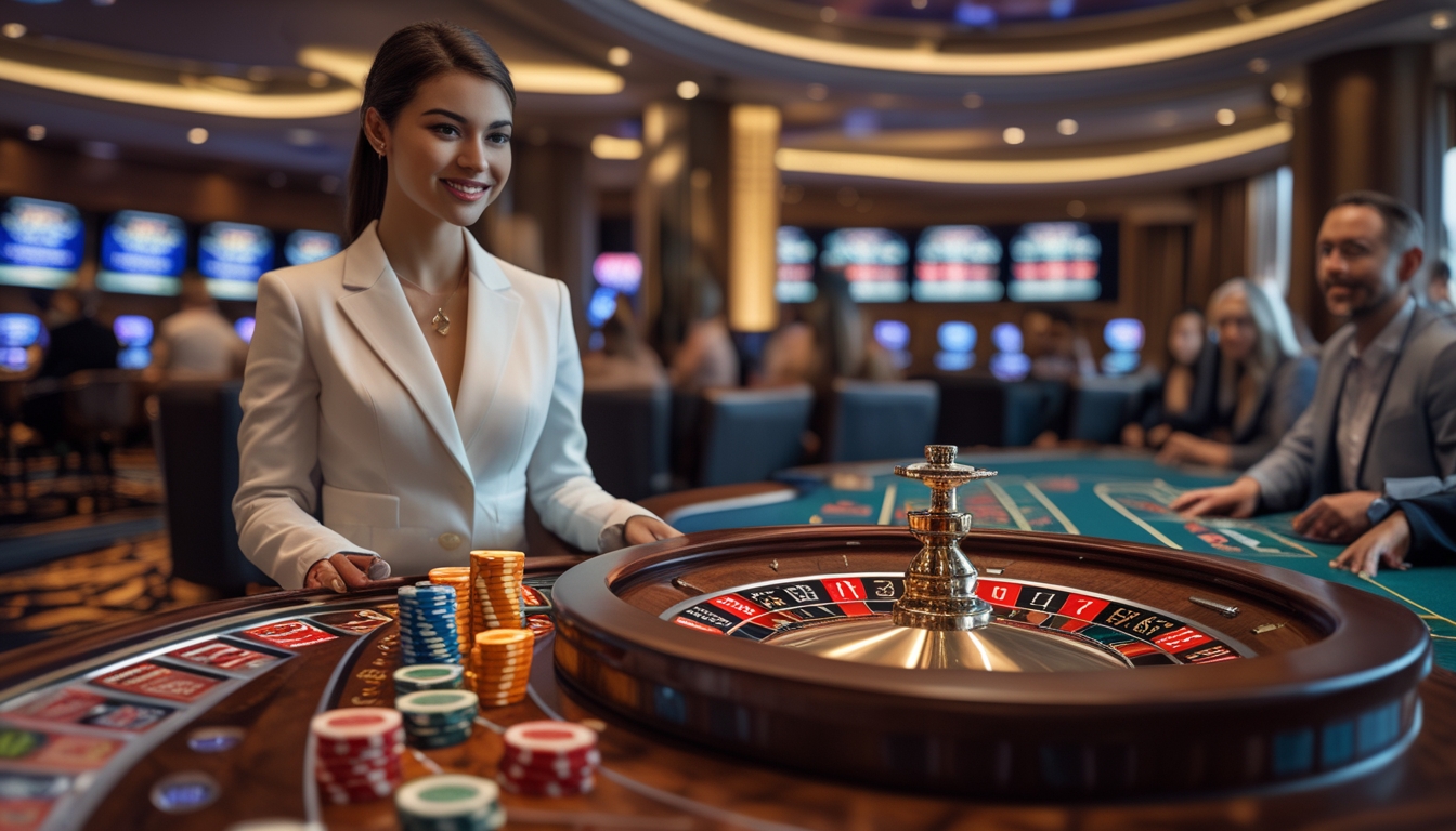 Seorang dealer wanita sedang memutar roda roulette di meja kasino dengan beberapa pemain yang memperhatikan permainan.