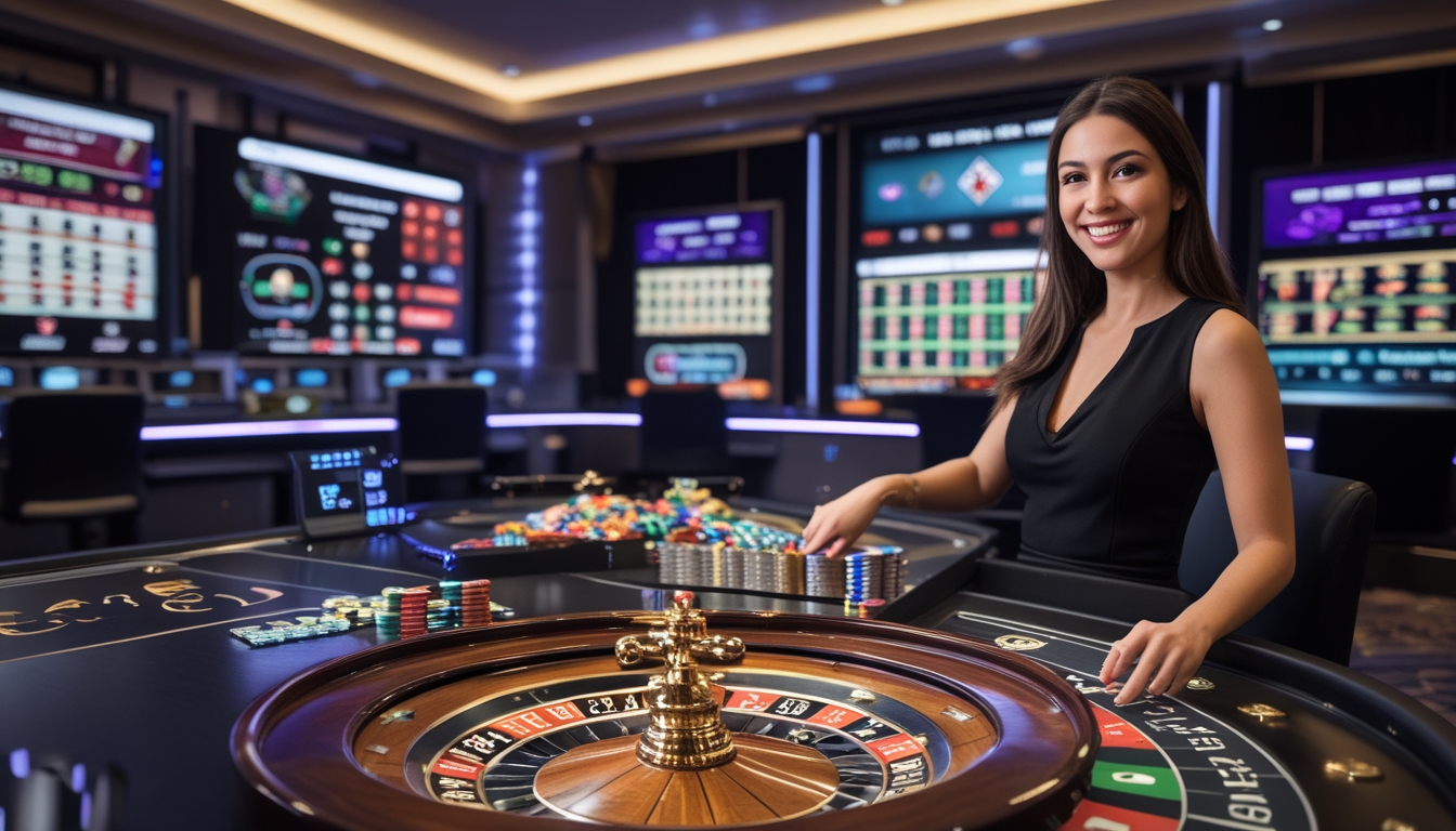 Seorang dealer profesional sedang memutar roda roulette di meja kasino dengan layar komputer menampilkan permainan kasino online di latar belakang.