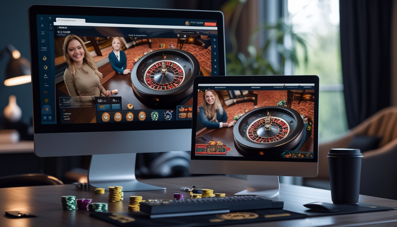 Seorang dealer roulette langsung tampil di layar komputer dan ponsel di ruang kerja yang nyaman dengan chip kasino dan roda roulette di meja.