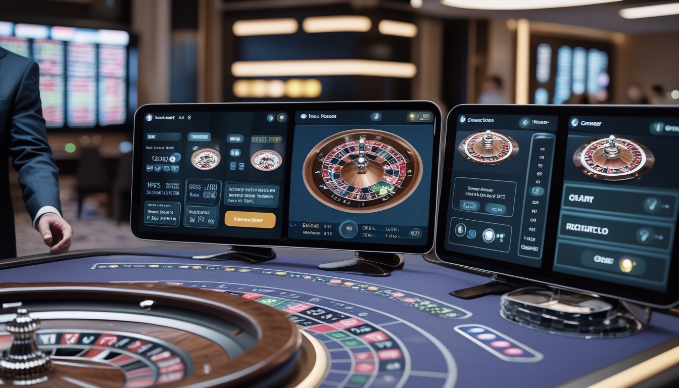 Seorang dealer live roulette profesional di meja roulette modern dengan layar digital dan suasana kasino yang terang dan bersih.