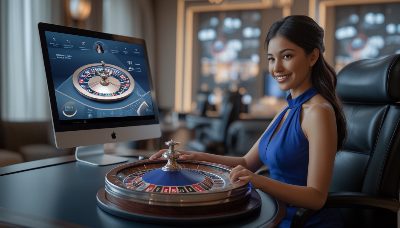 Seorang dealer wanita profesional sedang memutar roda roulette di depan layar komputer dalam suasana kasino modern dan nyaman.