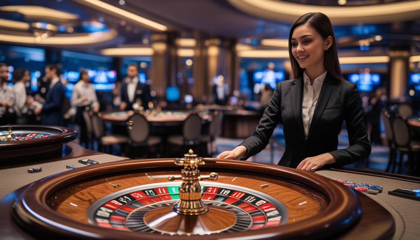 Seorang dealer wanita di meja roulette dengan pemain di sekitarnya di dalam kasino mewah.
