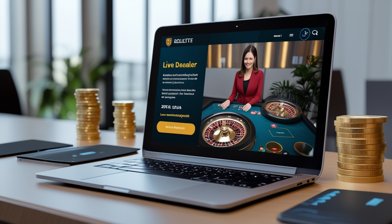 Seorang dealer roulette live di depan komputer dengan tampilan permainan roulette dan simbol keamanan di layar.