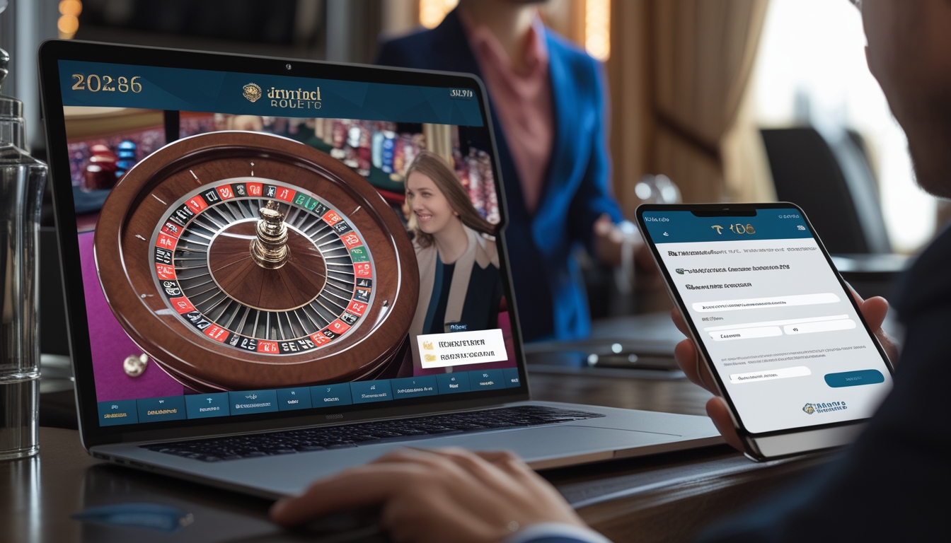 Seorang dealer langsung sedang mengelola permainan roulette online di depan layar komputer, dengan seseorang menggunakan ponsel untuk mendaftar akun baru.