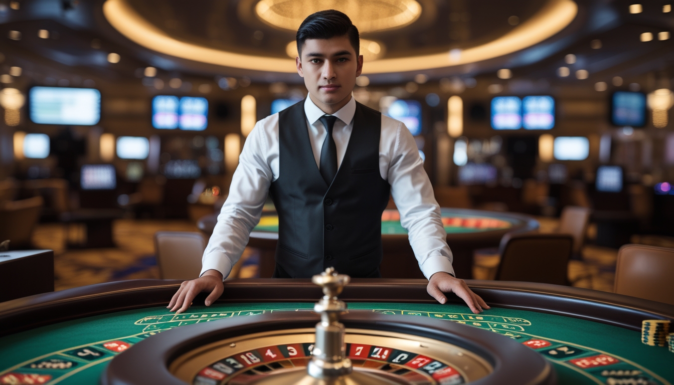 Seorang dealer roulette langsung berdiri di belakang meja roulette dengan roda yang sedang berputar di kasino yang elegan.