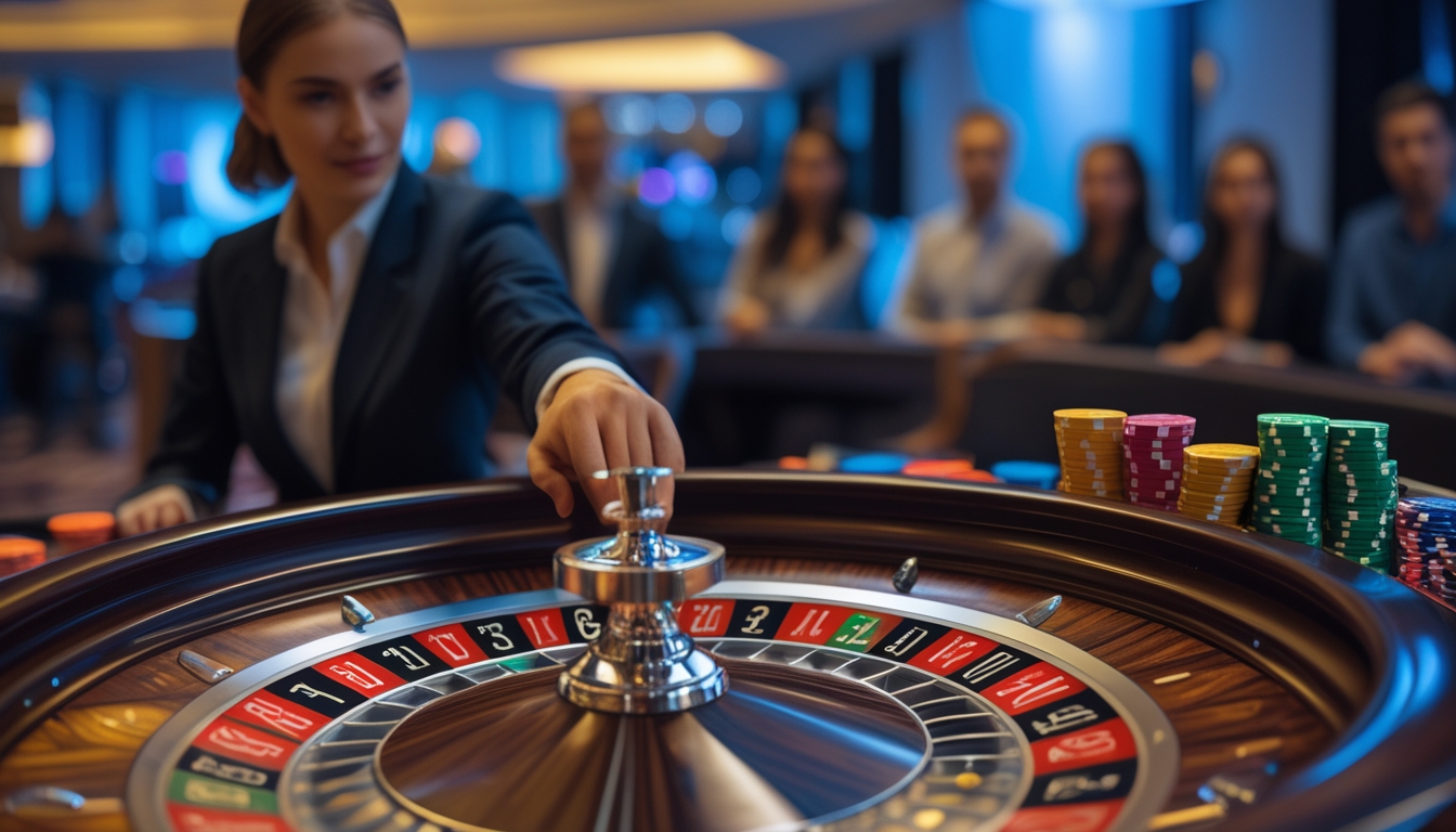 Seorang dealer profesional sedang memutar roda roulette di meja kasino dengan pemain yang memperhatikan di latar belakang.