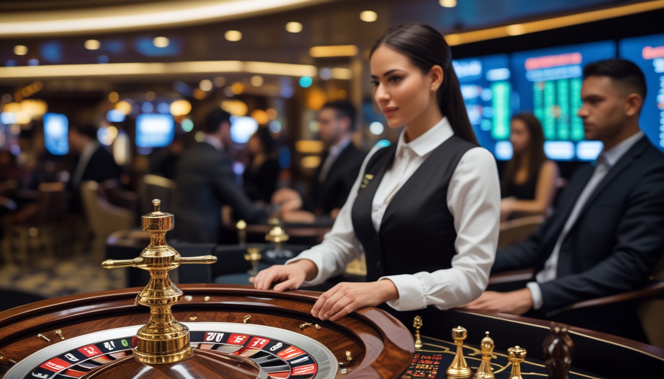 Seorang dealer wanita berdiri di belakang meja roulette dengan roda roulette yang sedang berputar di kasino mewah, dikelilingi oleh beberapa pemain yang fokus bermain.