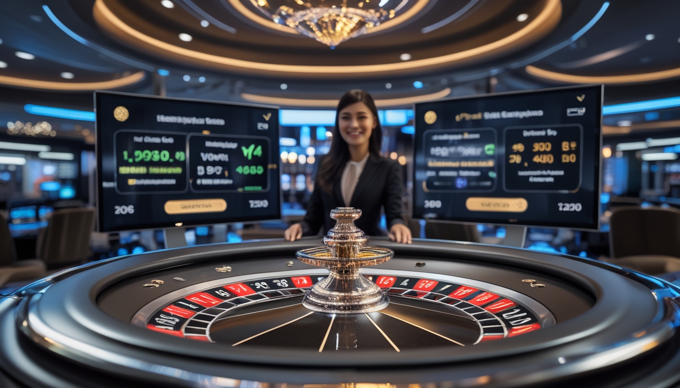 Seorang dealer profesional sedang menjalankan permainan roulette online dengan roda roulette digital dan layar yang menampilkan statistik permainan di lingkungan kasino modern.