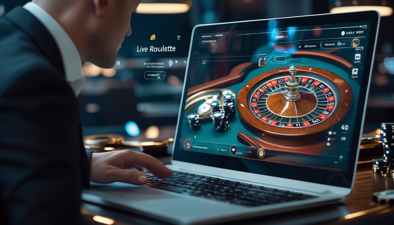 Seorang dealer profesional sedang mengelola meja roulette langsung di lingkungan kasino modern dengan layar komputer yang menampilkan permainan roulette online.