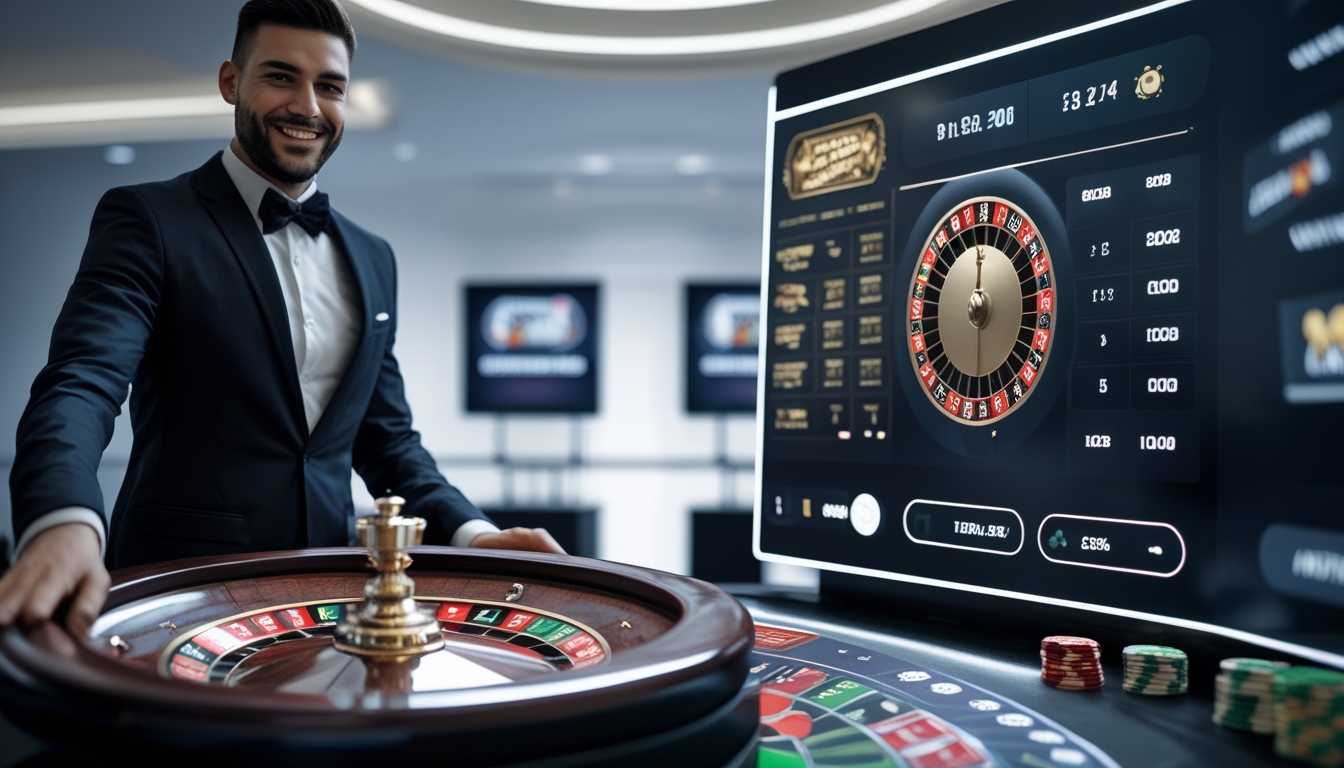 Seorang dealer live yang rapi sedang memutar roda roulette di meja kasino modern dengan beberapa layar digital di latar belakang.