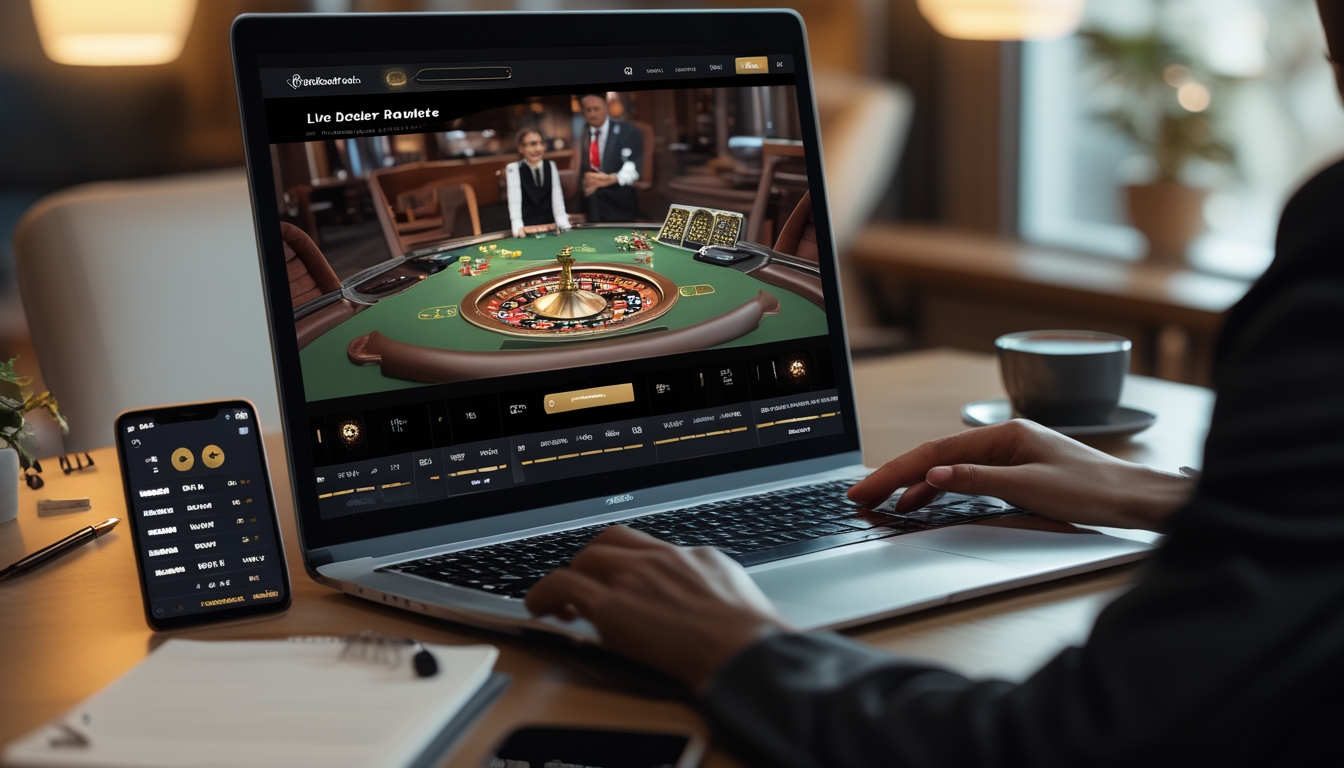 Seorang dealer roulette langsung di layar komputer dengan meja roulette dan alat taruhan di sekitar meja kerja.