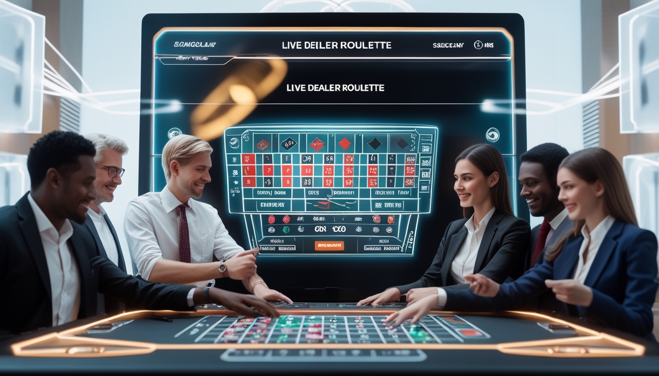 Orang-orang sedang bermain roulette online dengan dealer langsung di meja digital di lingkungan modern dan aman.