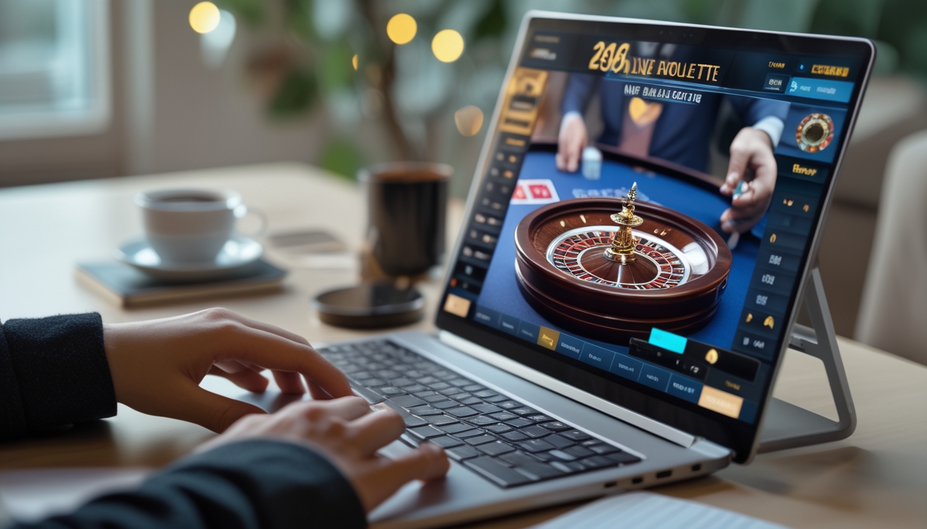 Seseorang menggunakan komputer untuk bermain roulette online live dealer di lingkungan rumah yang nyaman.