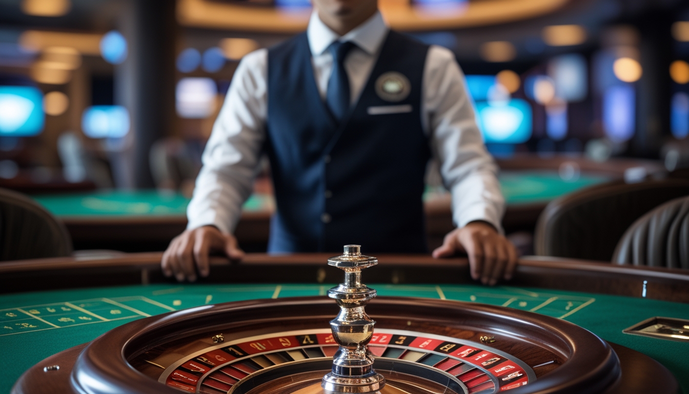 Seorang dealer roulette profesional berdiri di belakang meja roulette dengan roda roulette yang sedang berputar di kasino modern.