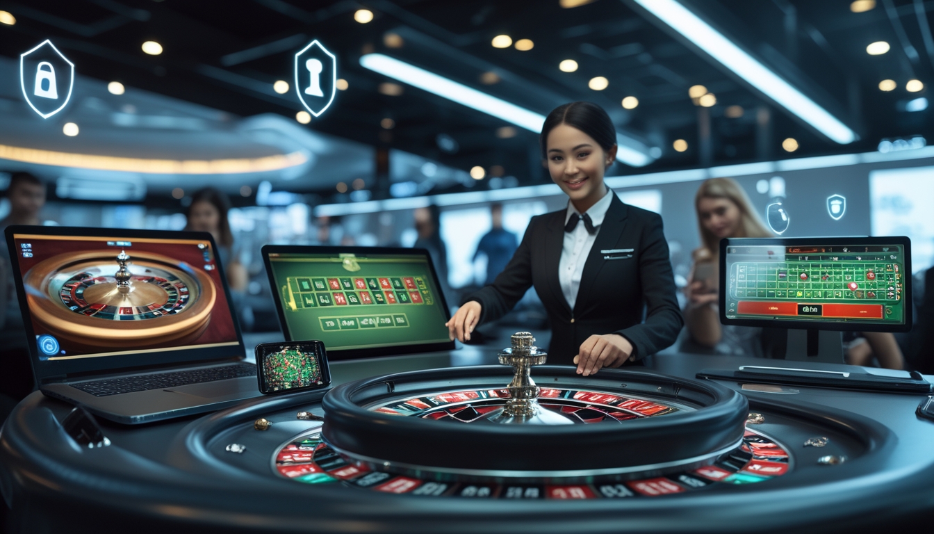Seorang dealer roulette profesional sedang memutar roda roulette di kasino modern dengan pemain yang menggunakan laptop dan ponsel.
