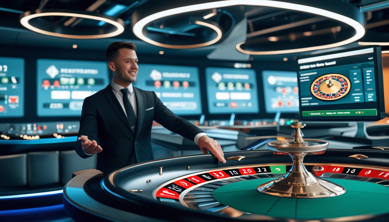 Seorang dealer roulette langsung sedang mengoperasikan meja roulette online dengan tampilan digital dan antarmuka pendaftaran serta deposit di latar belakang.